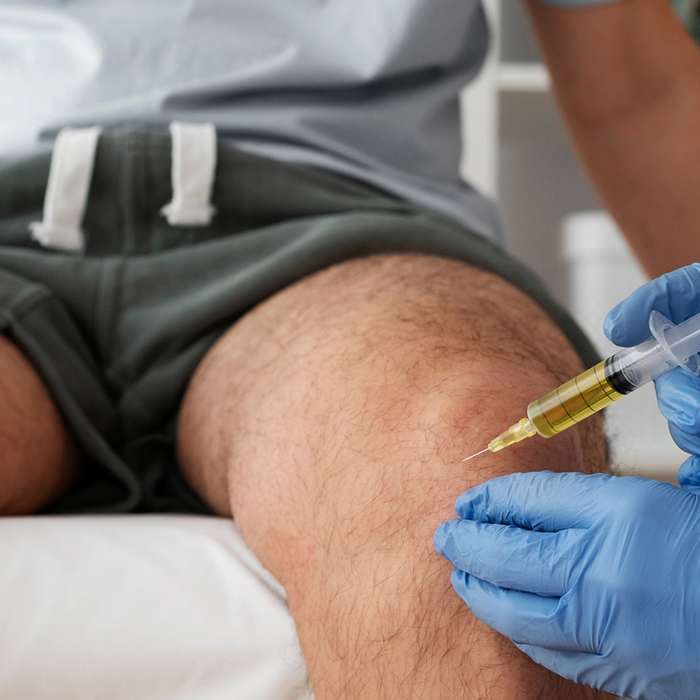 A2M Therapy at BionwoRx in Carmel Indiana Man receiving A2M knee injection at BionwoRx to reduce joint pain and inflammation